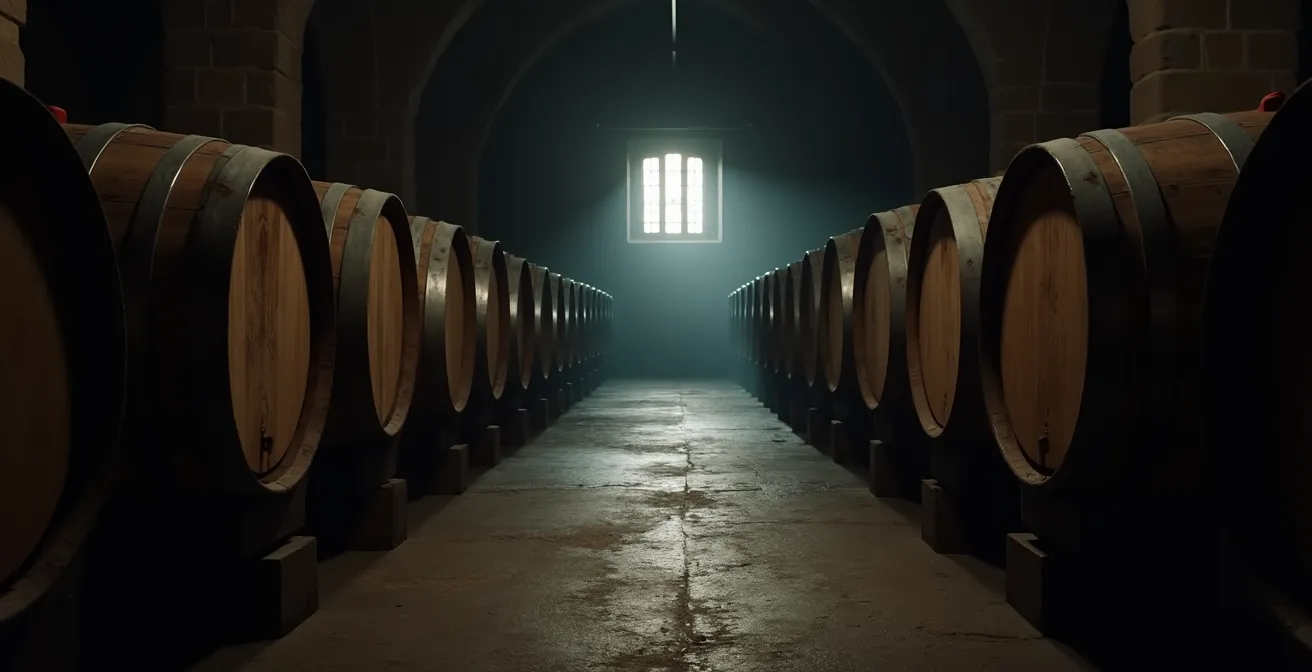 Historic cognac cellar with rows of aged oak barrels in atmospheric lighting