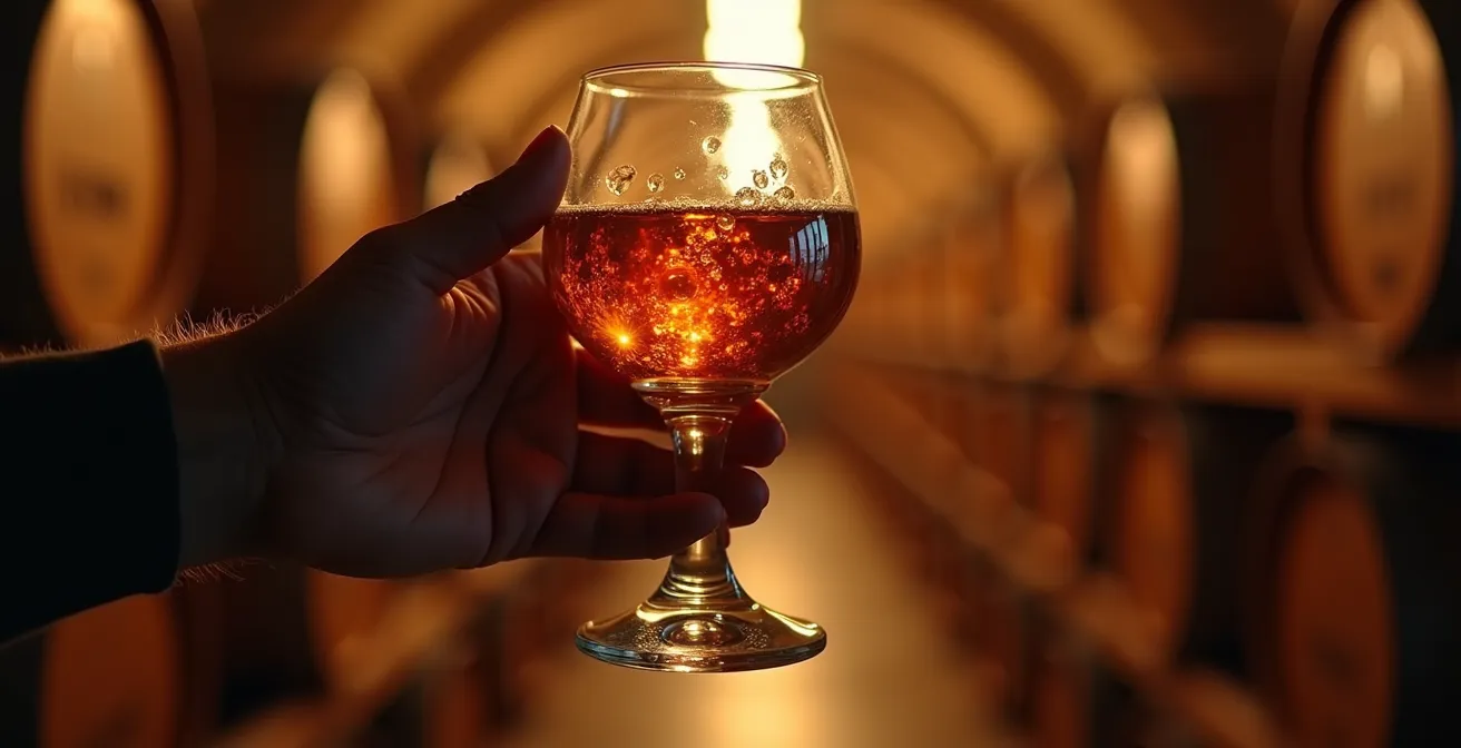 Professional cognac tasting setup with tulip glass catching golden light