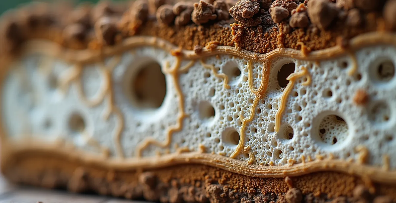 Macro view of vine roots penetrating through white chalk layers